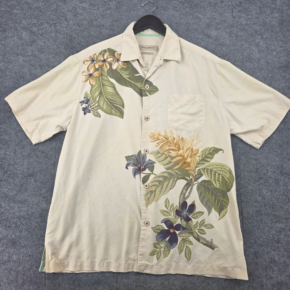 Tommy Bahama Mens Large 100% Silk Tropical Floral Button Down Shirt Cream L